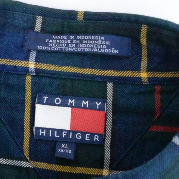 VTG 90'S Tommy Hilfiger Blue And Green Cross Pattern Cotton Button Down Shirt XL - Picture 4 of 10